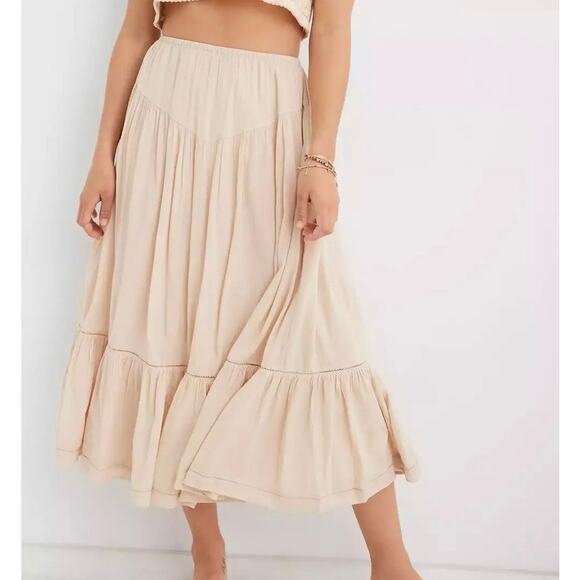 AERIE High Waisted Tiered Midi Peasant Skirt Tan Taupe Large L - Picture 1 of 7